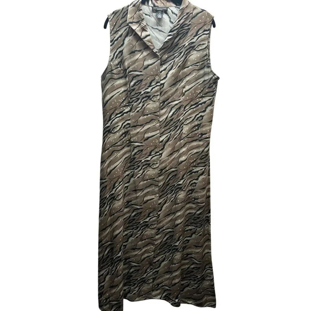 Vintage Impressions Workshop Tiger Print Sleeveless Maxi Dress XL Rayon Button F